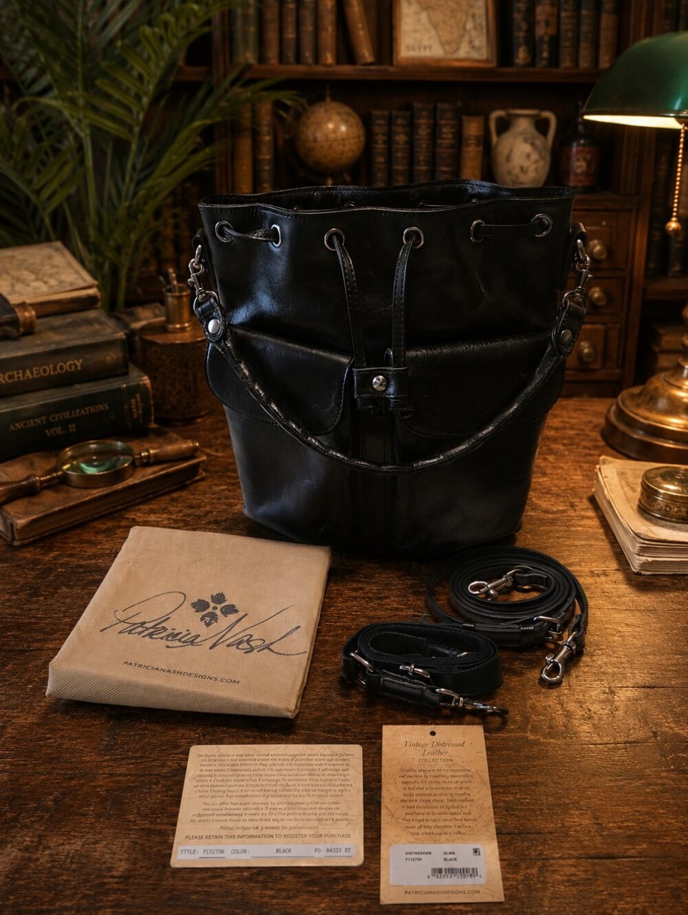 Patricia Nash Black Leather ALMA Bucket Messenger Bag w/ Drawstring-3 Straps NWT